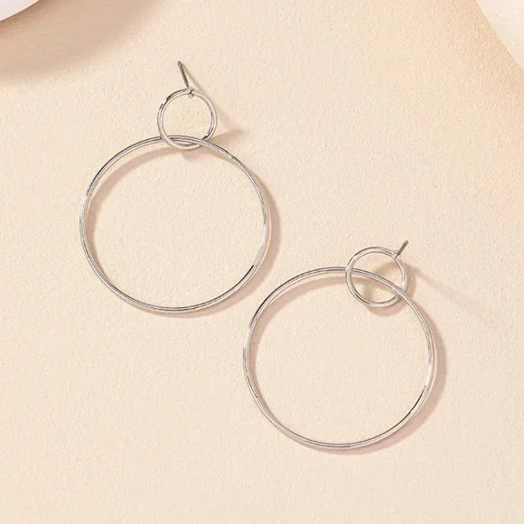 Minimalist Silver Double Circle Contemporary Dangle Earrings NEW - Picture 7 of 7